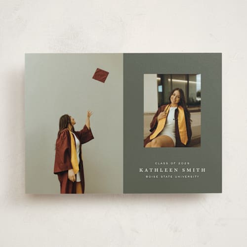 This is a sage graduation announcements with standard by Joyce Pinheiro called go far printing on recycled smooth signature in standard