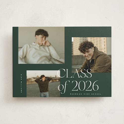 This is a forest graduation announcements with standard by Kelly Schmidt called troi printing on recycled smooth signature in standard