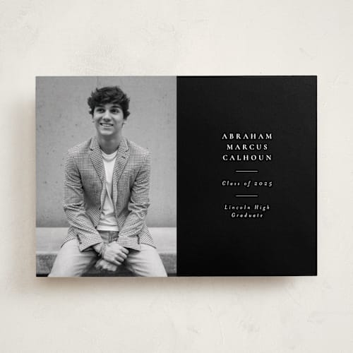 This is a noir graduation announcements with standard by Meggy Masters called distinguished printing on recycled smooth signature in standard