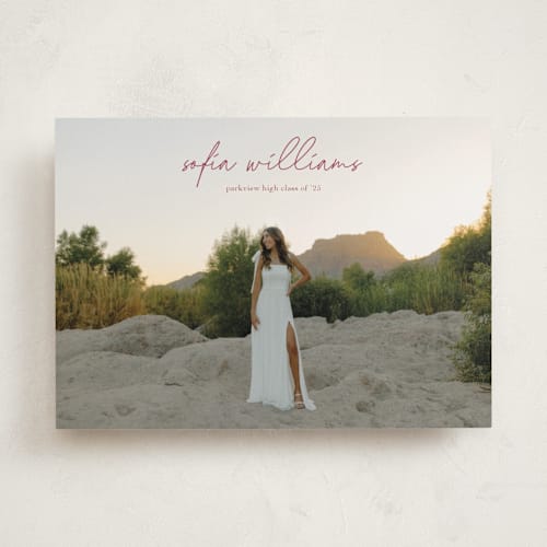 This is a dusty rose graduation announcements with standard by Eric Ransom called high script printing on recycled smooth signature in standard