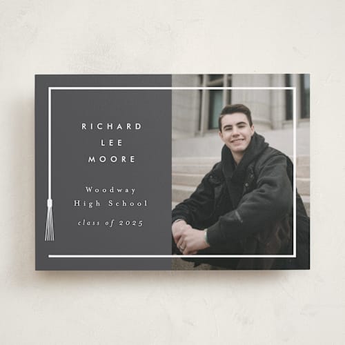 This is a charcoal graduation announcements with standard by AK Graphics called tassel framed printing on recycled smooth signature in standard