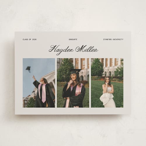 This is a silk graduation announcements with standard by Cass Loh called trio gallery printing on recycled smooth signature in standard