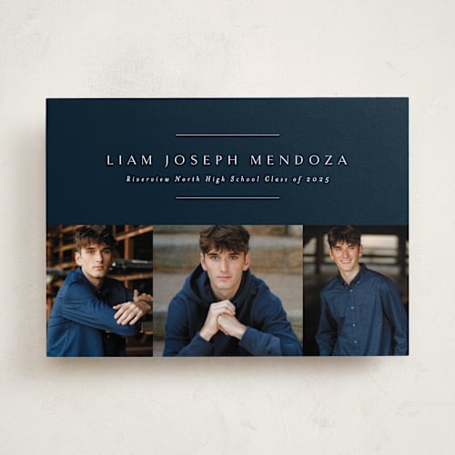 This is a denim graduation announcements with standard by Lea Delaveris called top three printing on recycled smooth signature in standard