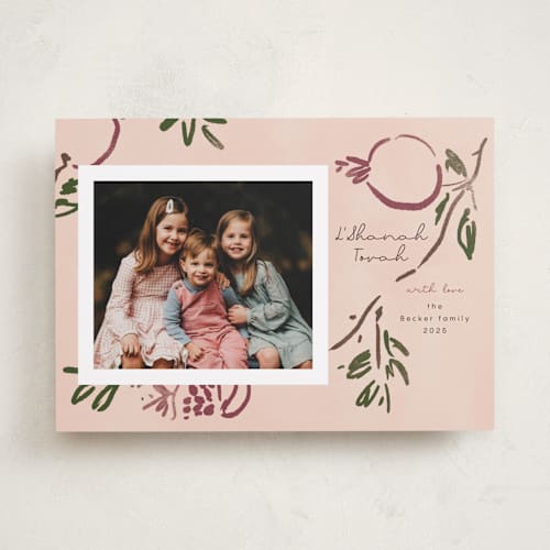 This is a petal rosh hashanah cards with standard by Emily Sabol Goss called painted pomegranate printing on recycled smooth signature in standard