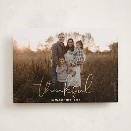 This is a snow thanksgiving cards invitations with foil pressed by Morgan Kendall called thankful printing on recycled smooth signature in standard