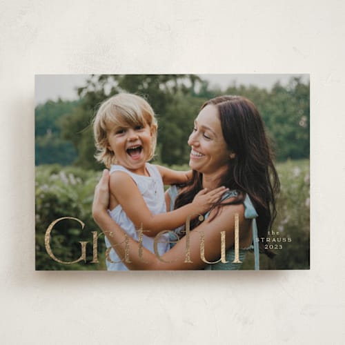 This is a honey thanksgiving cards invitations with foil pressed by Deynaaz Daraei called solarium printing on recycled smooth signature in standard