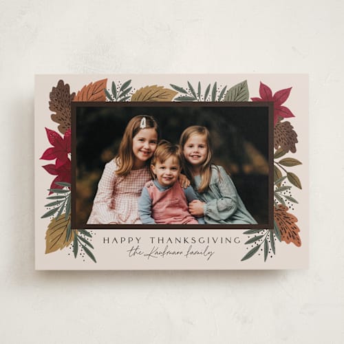 This is a cream thanksgiving cards invitations with standard by Alethea and Ruth called leafy frame printing on recycled smooth signature in standard