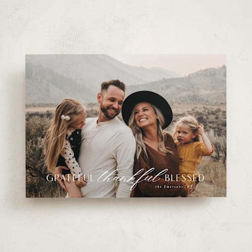 This is a snow thanksgiving cards invitations with standard by Emily Betts called grateful thankful blessed printing on recycled smooth signature in standard