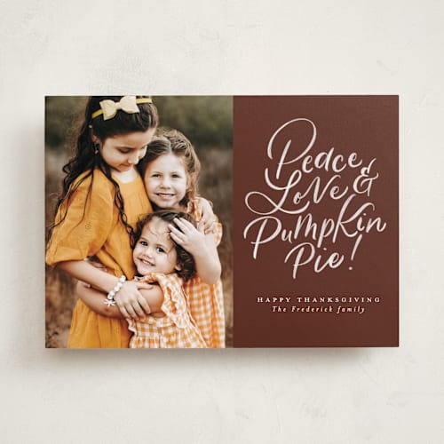 This is a nutmeg thanksgiving cards invitations with standard by Jackie Crawford called hand letter pumpkin pie printing on recycled smooth signature in standard