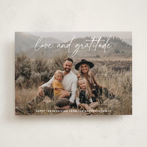 This is a latte thanksgiving cards invitations with standard by Katherine Moynagh called love and gratitude printing on recycled smooth signature in standard