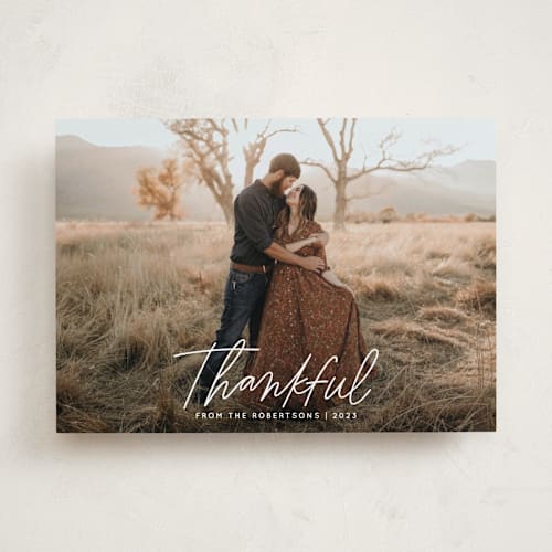 This is a cloud thanksgiving cards invitations with standard by Kristen Magee called scripty thankful printing on recycled smooth signature in standard