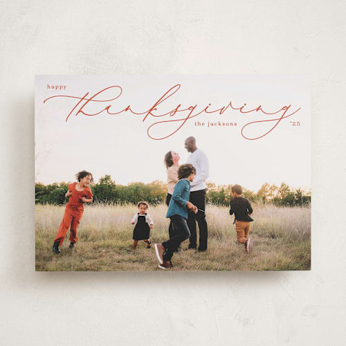 This is a maple leaf thanksgiving cards invitations with standard by Liz Conley called scripted thanksgiving printing on recycled smooth signature in standard