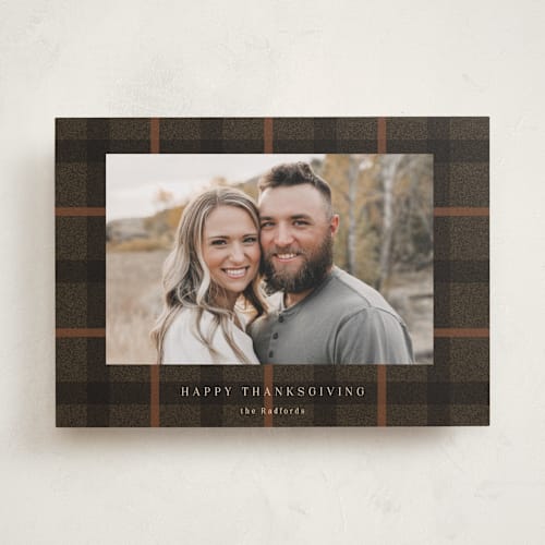 This is a cocoa thanksgiving cards invitations with standard by Baumbirdy called fall plaid printing on recycled smooth signature in standard