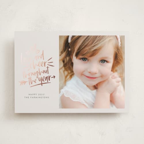 This is a moon foil stamped valentine cards with foil pressed by Shari Margolin called love and cheer printing on recycled smooth signature in standard
