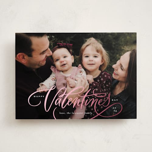 This is a silk foil stamped valentine cards with foil pressed by Erin German called valentine lettering printing on recycled smooth signature in standard