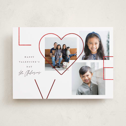 This is a linen foil stamped valentine cards with foil pressed by Robert and Stella called lovely collage printing on recycled smooth signature in standard