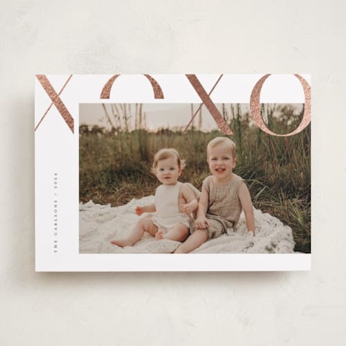 This is a ivory foil stamped valentine cards with foil pressed by Michelle Taylor called xo xo printing on recycled smooth signature in standard