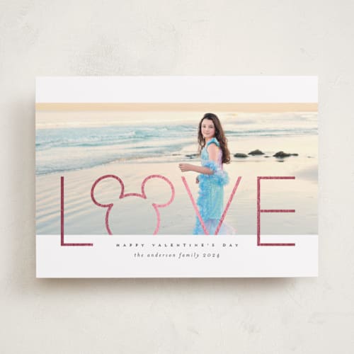 This is a licorice foil stamped valentine cards with foil pressed by Laura Hamm called disney mickey love printing on recycled smooth signature in standard
