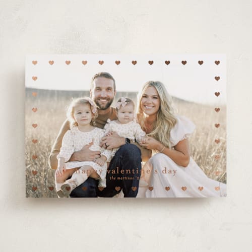 This is a terracotta foil stamped valentine cards with foil pressed by Stacey Meacham called mini hearts frame printing on recycled smooth signature in standard