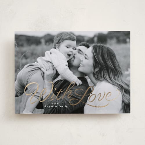 This is a snow foil stamped valentine cards with foil pressed by Lea Delaveris called ribbon script printing on recycled smooth signature in standard