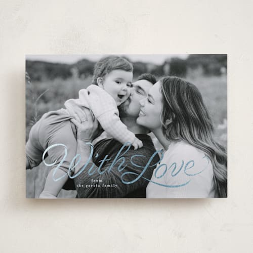 This is a periwinkle foil stamped valentine cards with foil pressed by Lea Delaveris called ribbon script printing on recycled smooth signature in standard