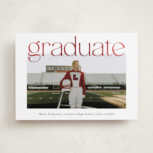 This is a snow graduation announcements with foil pressed by Jackie Crawford called big upper grad printing on recycled smooth signature in standard