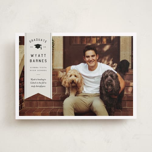 This is a taupe graduation announcements with standard by Sarah Curry called grad ribbon printing on recycled smooth signature in standard