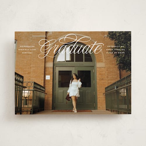 This is a crisp linen graduation announcements with standard by Erin L. Wilson called legato printing on recycled smooth signature in standard