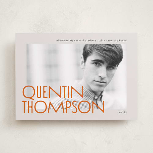 This is a tangerine graduation announcements with standard by Heather Schertzer called bound printing on recycled smooth signature in standard