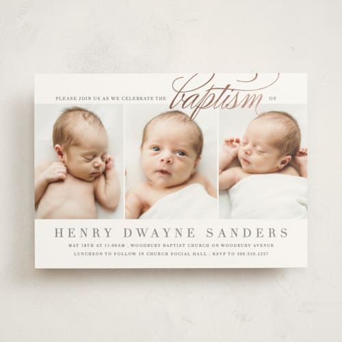 This is a cloud baptism and christening announcements with foil pressed by Bethany Anderson called scripted baptism printing on signature in standard