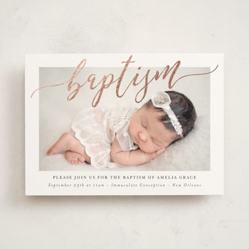 This is a snow baptism and christening announcements with foil pressed by Chasity Smith called elegant overlay printing on signature in standard