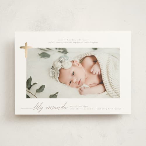 This is a cloud baptism and christening announcements with foil pressed by Phrosné Barwood called simple cross gold printing on signature in standard