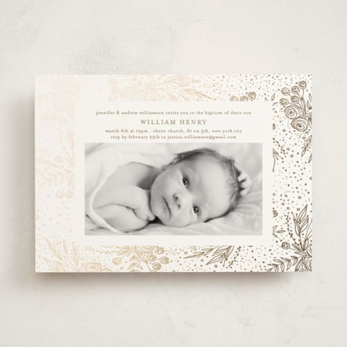 This is a maple baptism and christening announcements with foil pressed by Phrosné Barwood called bountiful printing on signature in standard