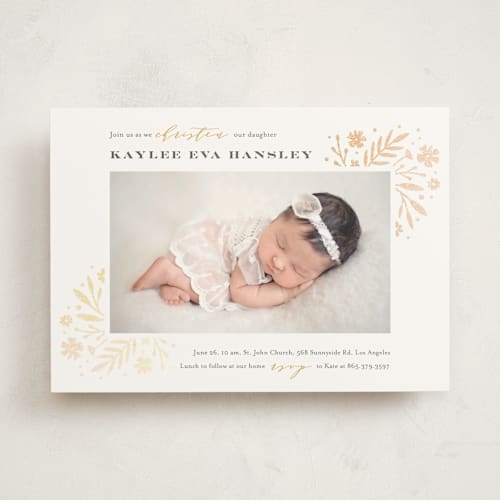 This is a mustard baptism and christening announcements with foil pressed by Jana Volfova called elegant florals printing on signature in standard