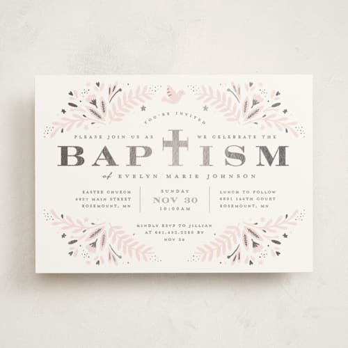 This is a blush baptism and christening announcements with foil pressed by Michelle Taylor called little one printing on signature in standard