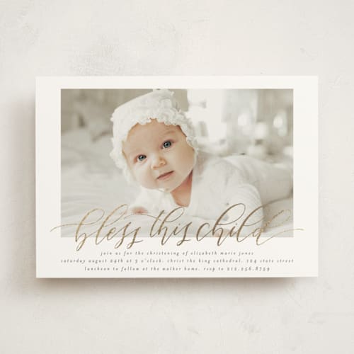 This is a cream baptism and christening announcements with foil pressed by Grace Kreinbrink called classic blessings printing on signature in standard