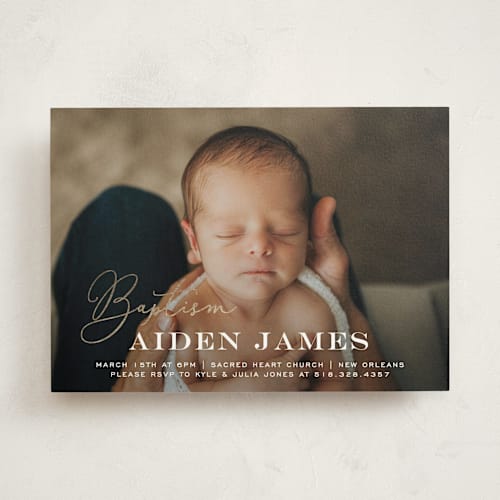 This is a snow baptism and christening announcements with foil pressed by Chasity Smith called script baptism printing on signature in standard