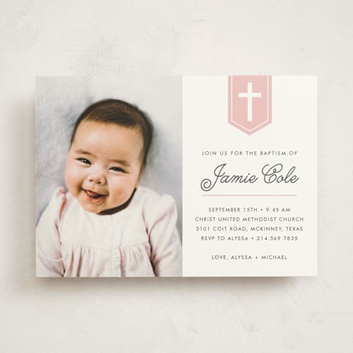 This is a bubblegum baptism and christening announcements with standard by Susan Asbill called delicate cross printing on signature in standard