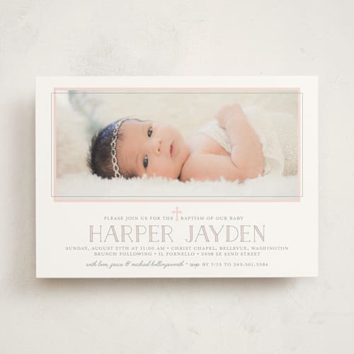 This is a petal baptism and christening announcements with standard by Jessica Williams called sweet simplicity printing on signature in standard