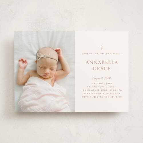This is a blush baptism and christening announcements with standard by Morgan Kendall called cross printing on signature in standard