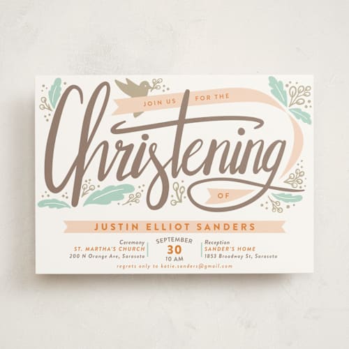 This is a cantaloupe baptism and christening announcements with standard by Mai Jimenez called christened garden printing on signature in standard