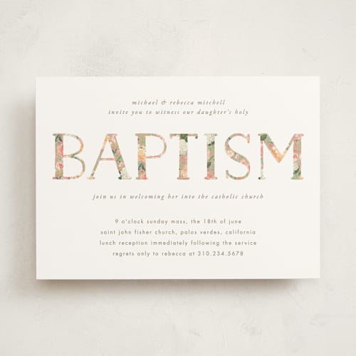 This is a cream baptism and christening announcements with standard by Becky Nimoy called floral filled baptism printing on signature in standard
