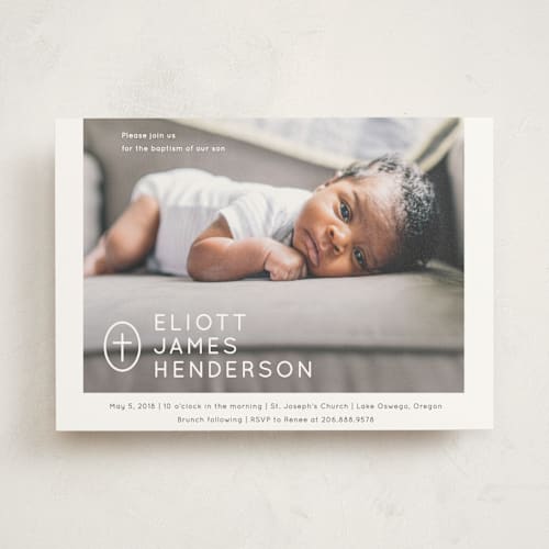 This is a slate baptism and christening announcements with standard by Drango Design called simply modern cross printing on signature in standard