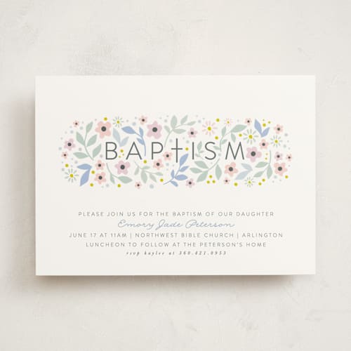 This is a blue jay baptism and christening announcements with standard by Karidy Walker called sweet blossoms printing on signature in standard