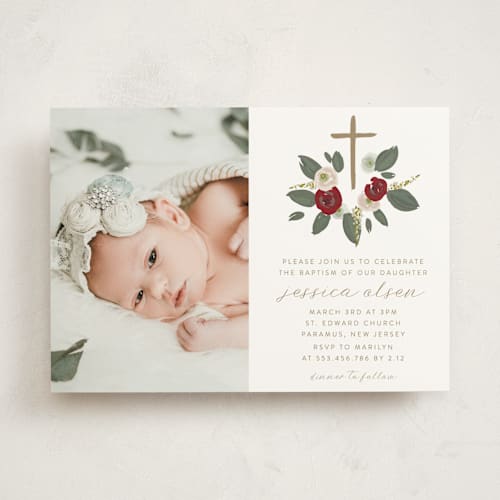 This is a ruby baptism and christening announcements with standard by Grae called cross and roses printing on signature in standard