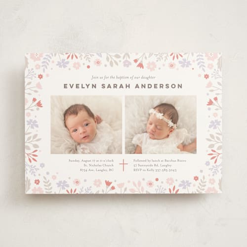 This is a blush baptism and christening announcements with standard by Jana Volfova called pastel florals printing on signature in standard