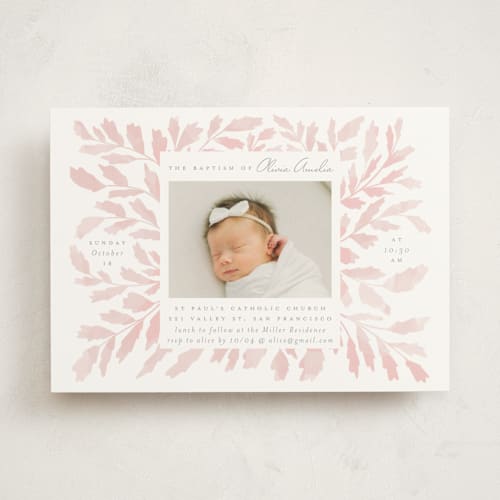 This is a rose baptism and christening announcements with standard by Hudson meet Rose called leafy frame printing on signature in standard