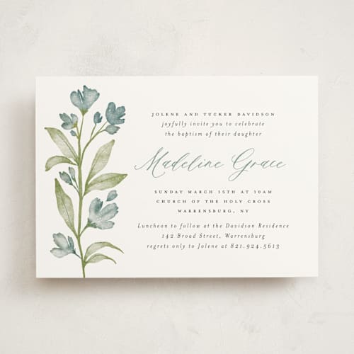 This is a bluebird baptism and christening announcements with standard by Heather Cairl called bloom printing on signature in standard