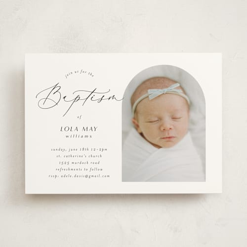 This is a ink baptism and christening announcements with standard by Morgan Kendall called elegant minimalism printing on signature in standard