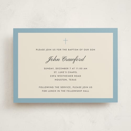 This is a french blue baptism and christening announcements with standard by Megan Davis called chapel printing on signature in standard